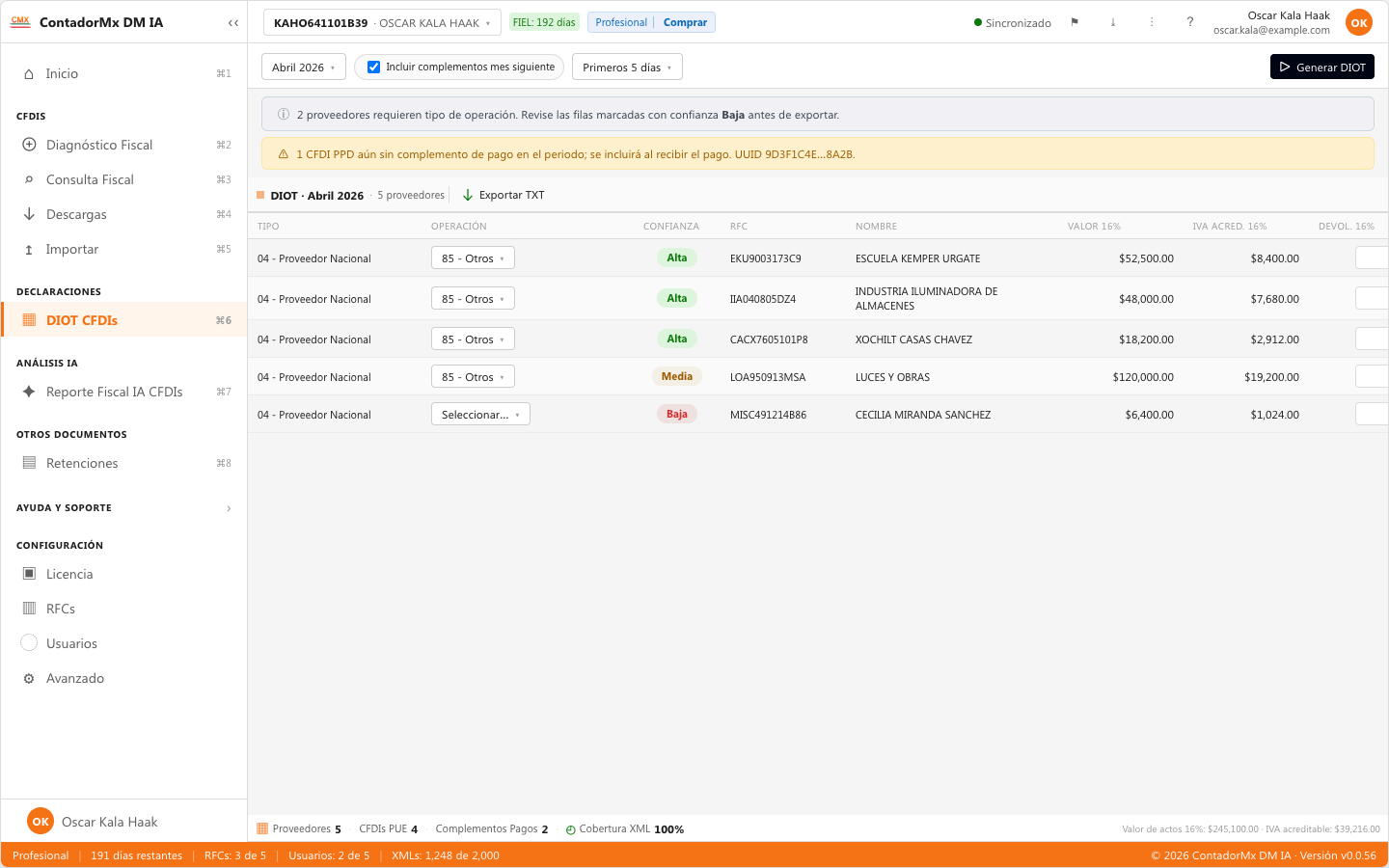 Reporte DIOT agrupado por proveedor