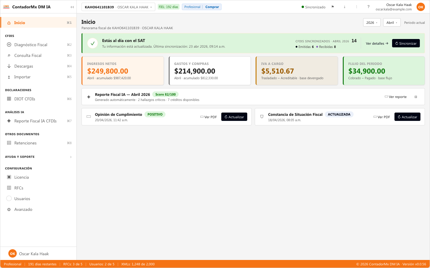 Panorama Fiscal de Descarga Masiva CFDI IA con ingresos, IVA a cargo, flujo y Reporte IA