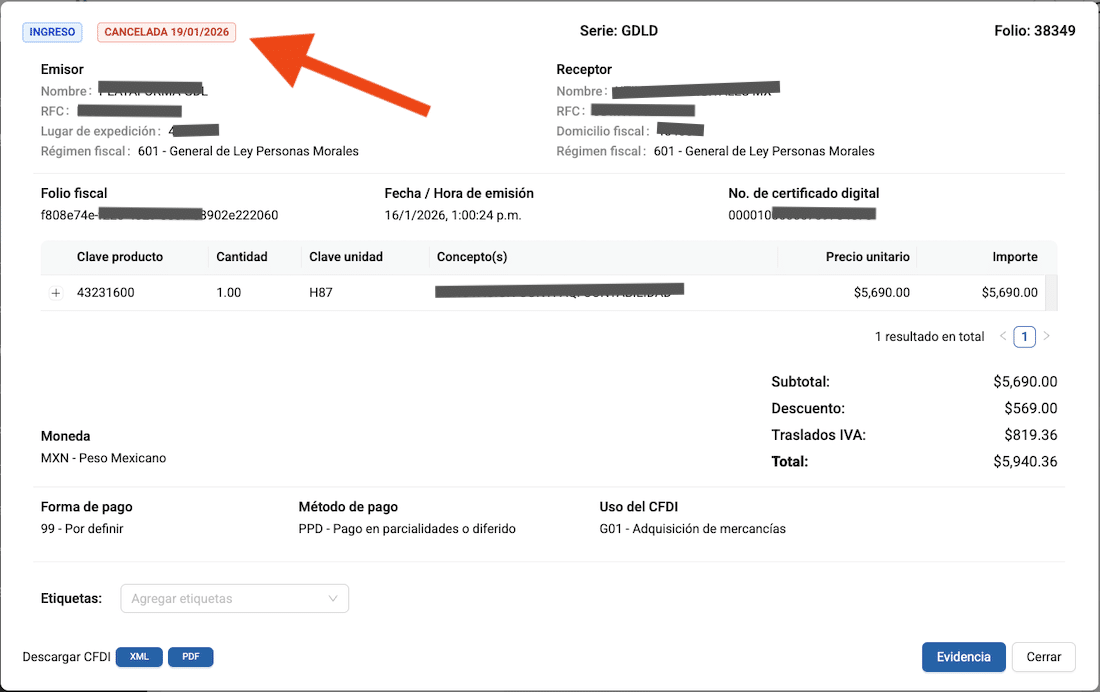 Visualización de CFDI cancelado por el SAT con detalle del comprobante