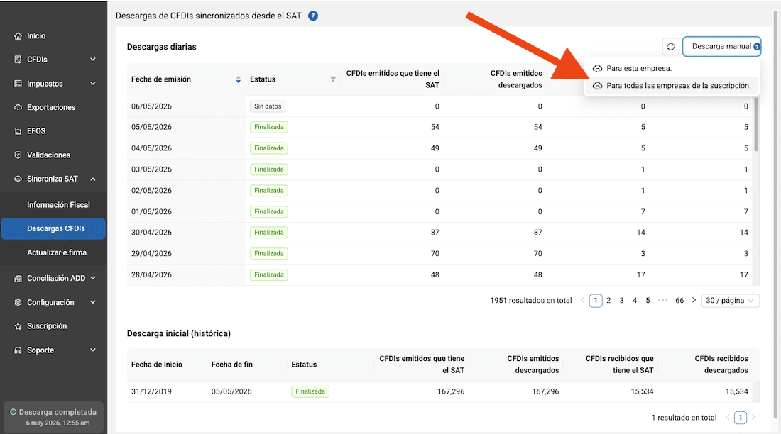 Control de descargas de XML del SAT por día con estatus finalizada