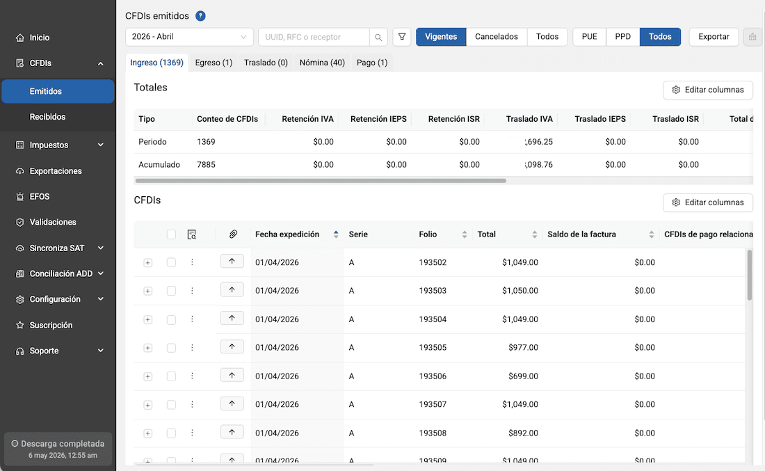 Filtros avanzados por tipo de CFDI