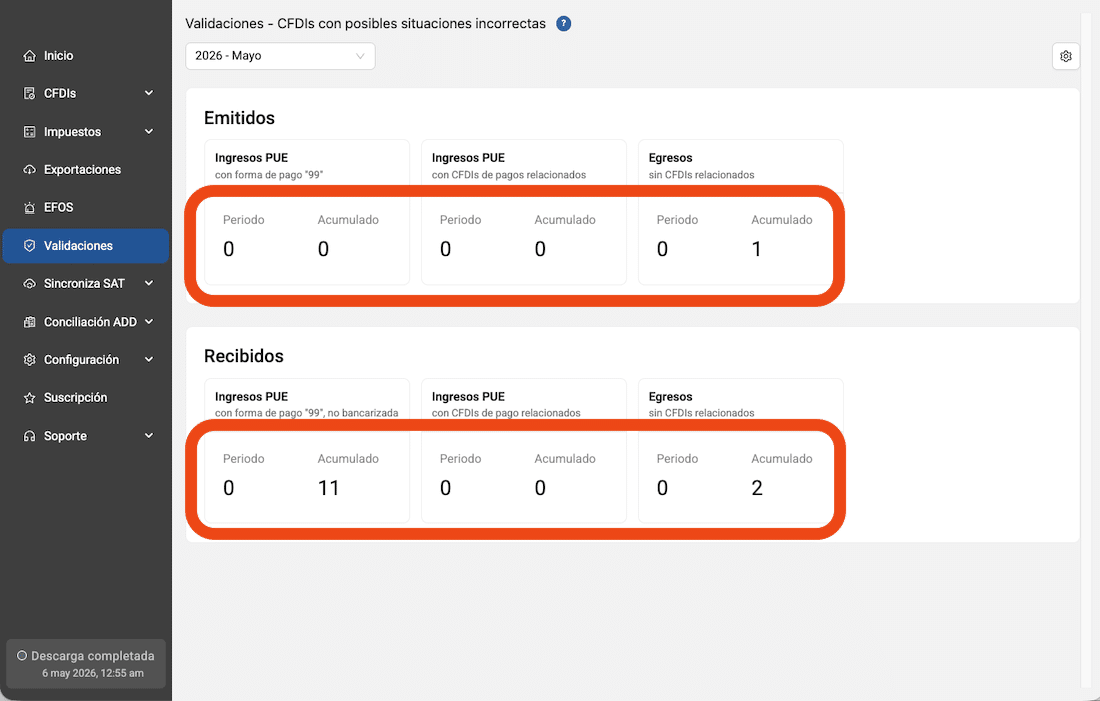 Notificación de errores en CFDI emitidos y recibidos por periodo