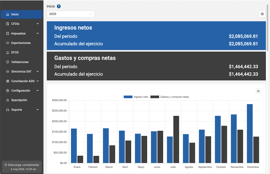 Dashboard de Audita CFDI mostrando reportes de ingresos, egresos y conciliación de IVA