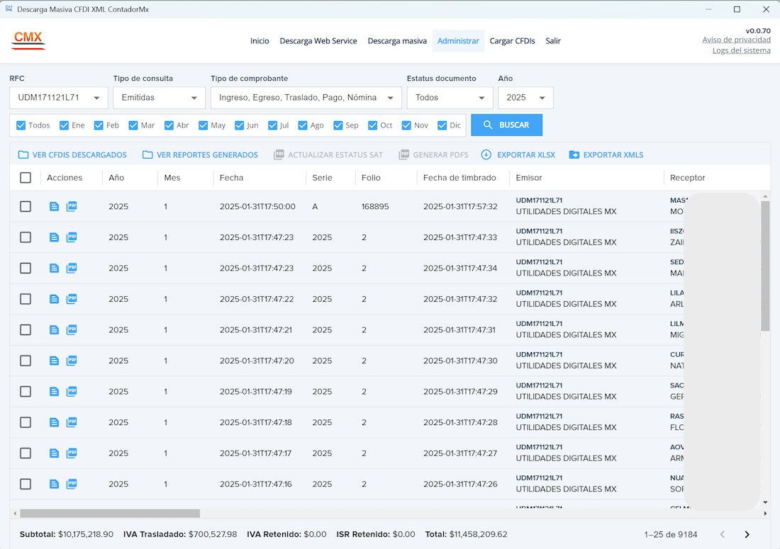 Administrador de XML con filtros por RFC, año y tipo de comprobante
