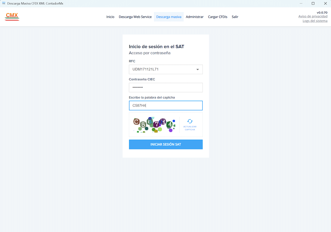 Inicio de sesión al SAT con contraseña CIEC y captcha