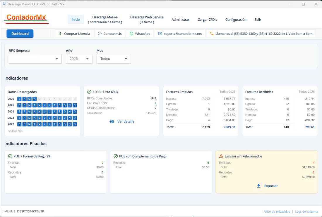 Dashboard de CFDI Descarga Masiva con indicadores fiscales y EFOS