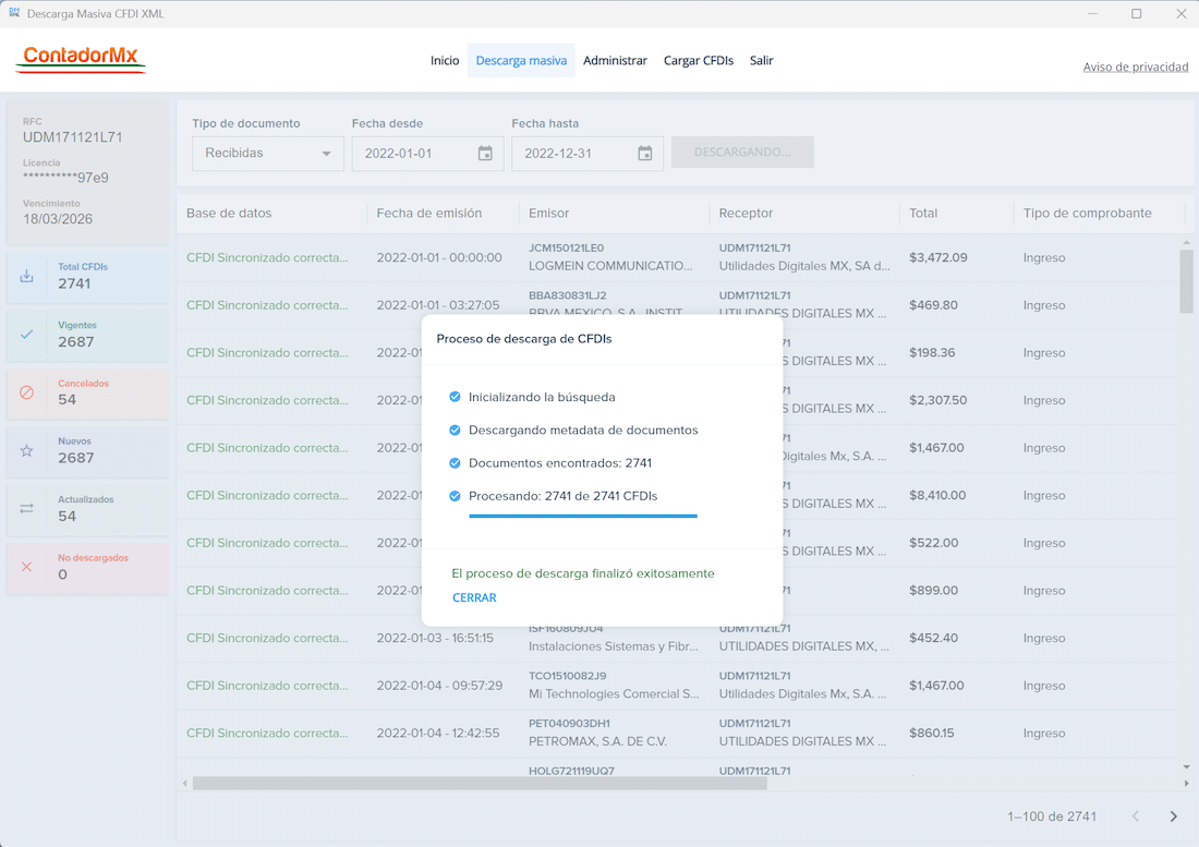Proceso de descarga masiva de CFDI con contraseña