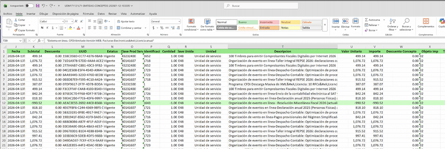 Reporte de XML por concepto en Excel con clave SAT